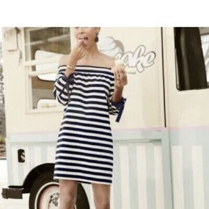 J.Crew navy and white cotton off shoulder striped dress with bow sleeves